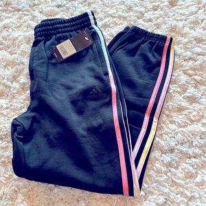 NWT adidas black sweatpants with multi-colored stripes, size Medium (10-12)
